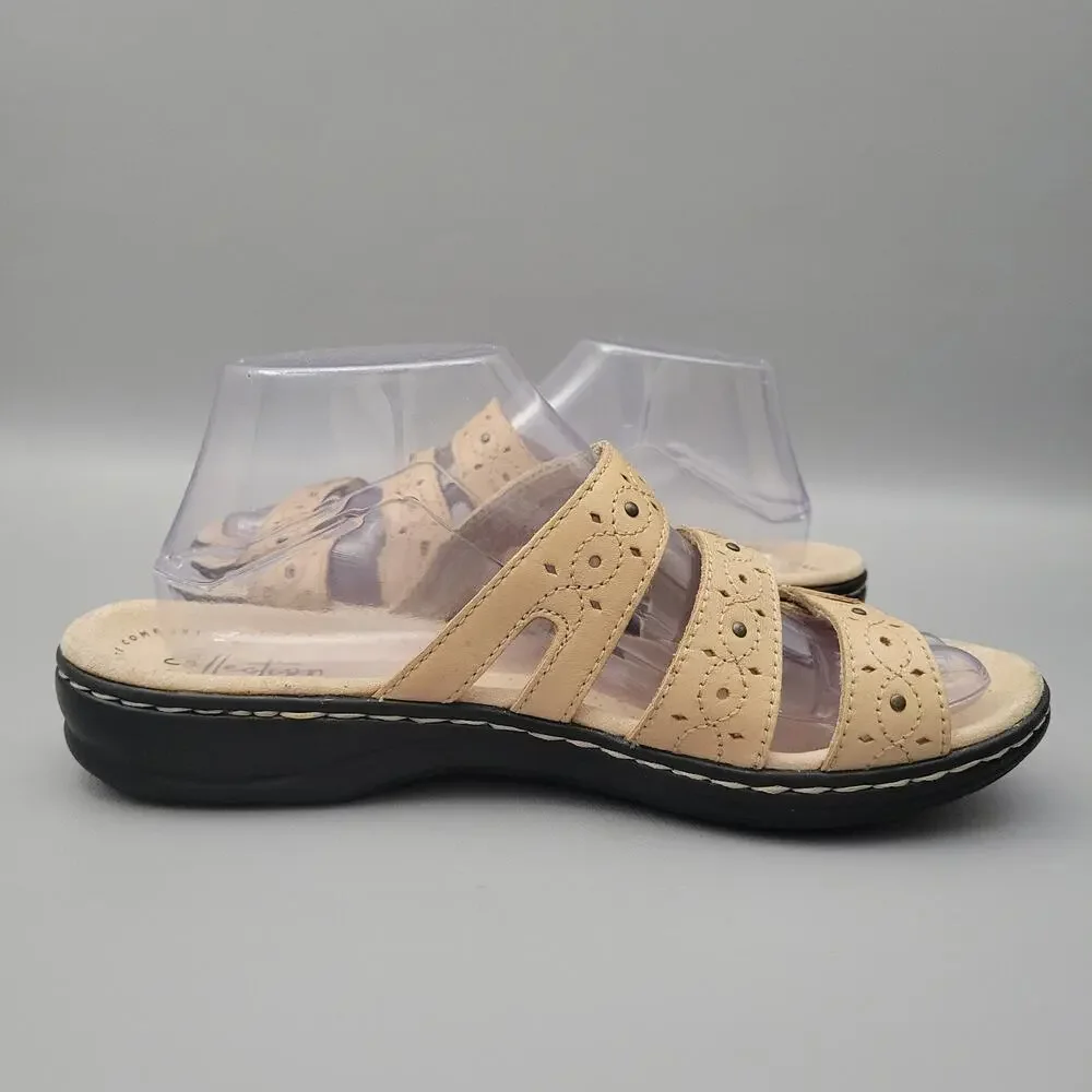 Clarks Collection Womens Leisa Slide Sandals Adjustable Three Strap Beige 8